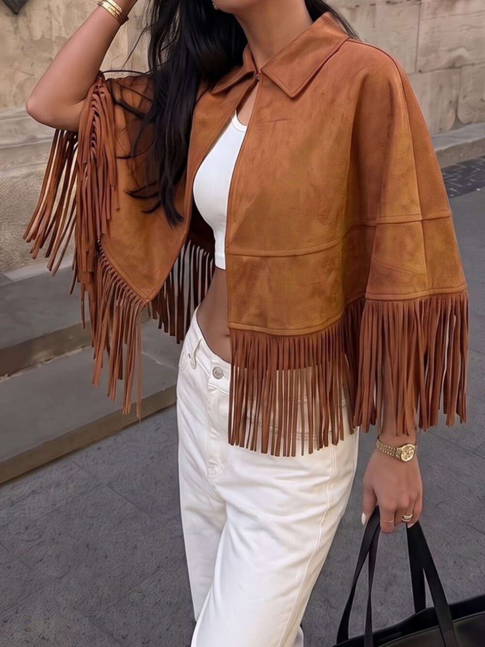 Brown Casual Women's Bohemian Fringe Cloak Sleeve Lapel Faux Suede Jacket - Picture 4 of 4